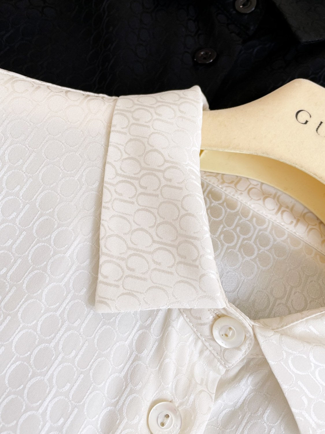 Women's Summer Solid Color Logo Jacquard Full Print Single Breasted Long Sleeve Shirt #72373