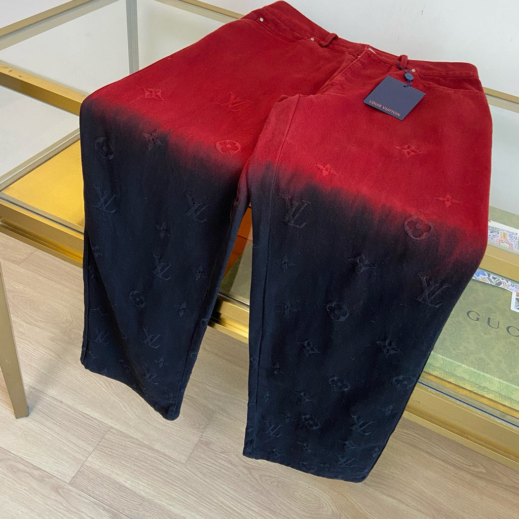 Men's Fall/Winter Black and Red Gradient Embroidered Logo Patterns Straight Leg Jeans Pants #98169