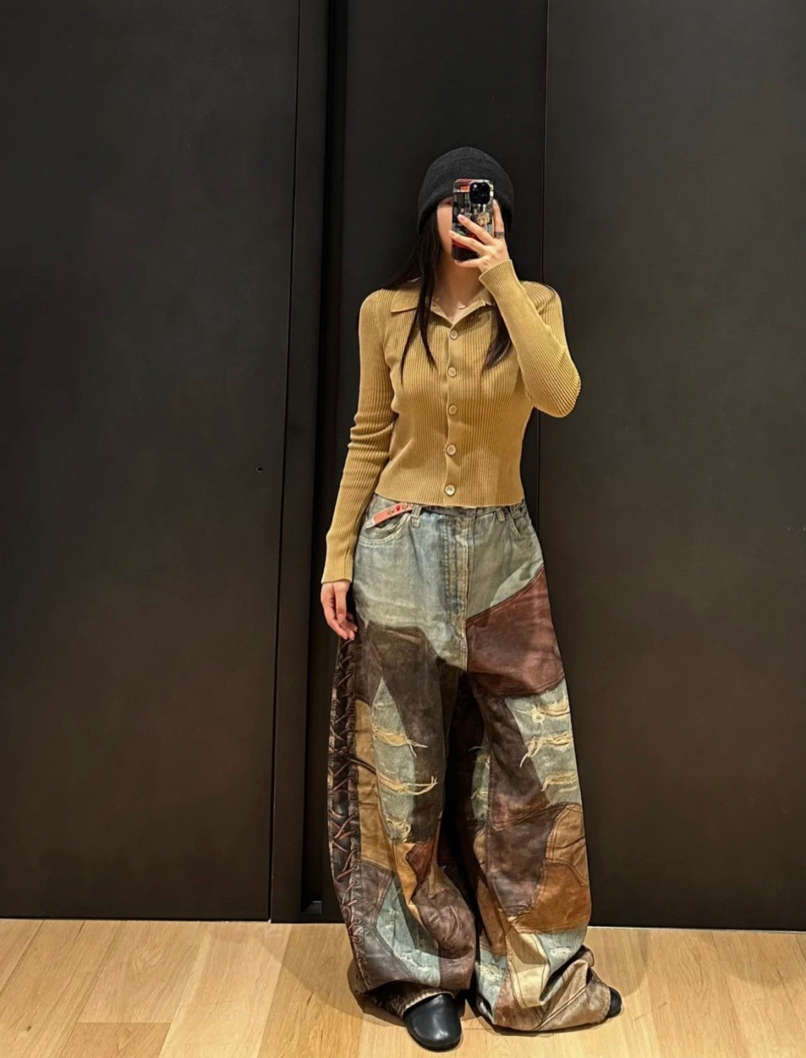 Men's Four Seasons Vintage Mud Dye Spliced Printed Loose Cotton Mid Waist Wide Leg Denim Pants Ngvp #8369