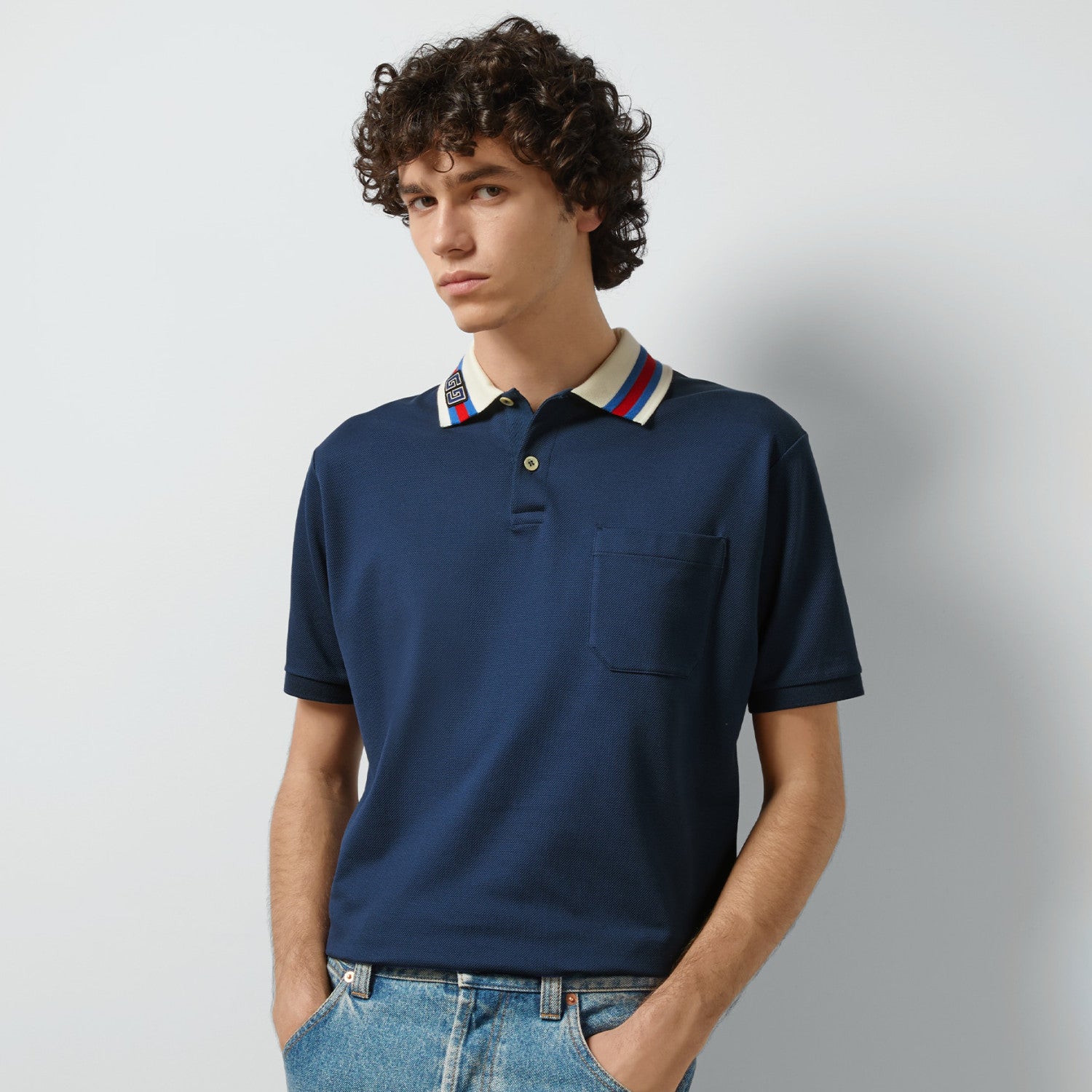 GG Men's Summer Blue Striped Trim Cotton Polo Neck Short Sleeve T-Shirt #98686