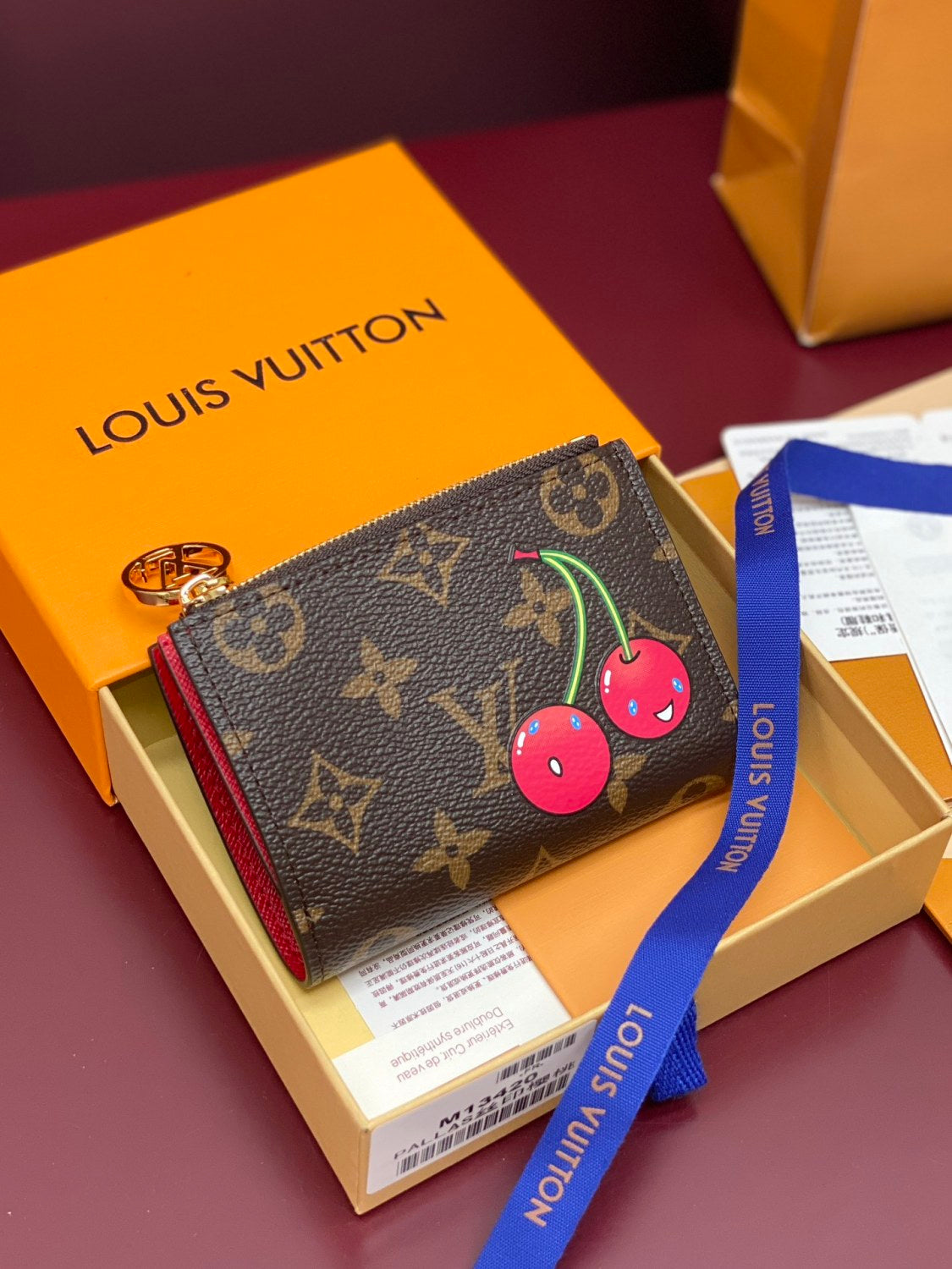 LV x TM LISA Women's Brown Letter Print Cherry Pattern Leather Wallet Bag Bags #77596