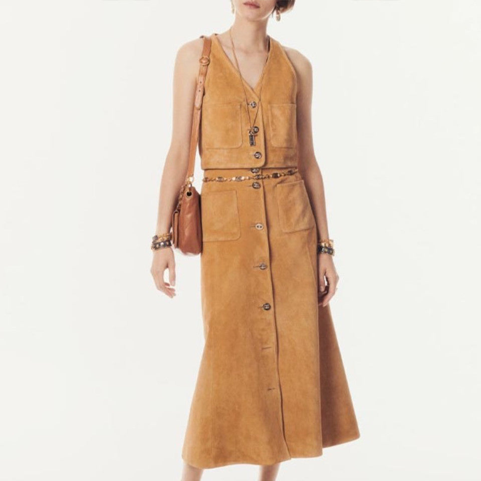 Women's Spring. Autumn And Winter Single-breasted Floral Long Sleeve Short Leather Jacket Casual V-neck Leather Vest Pure Color High Street Style Leather Long Half Skirt Suit Set #71636