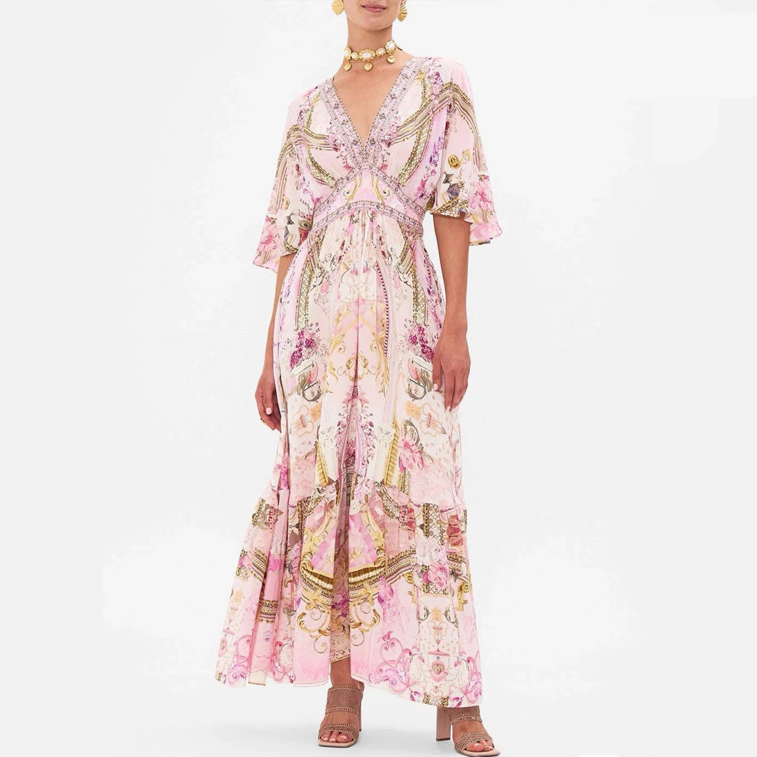 Camilla Women's Summer Fashion Pink Flower Silk Print Bohemian Diamond Slim V-neck Long Sleeve Dresses Ngvp #8783