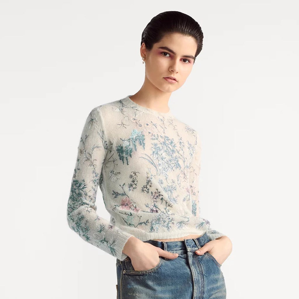 Women's Spring. Autumn And Winter Floral Embroidery Solid Color Mohair Long Sleeve Round Neck Pullover Knitted Sweater Ngvp #1539
