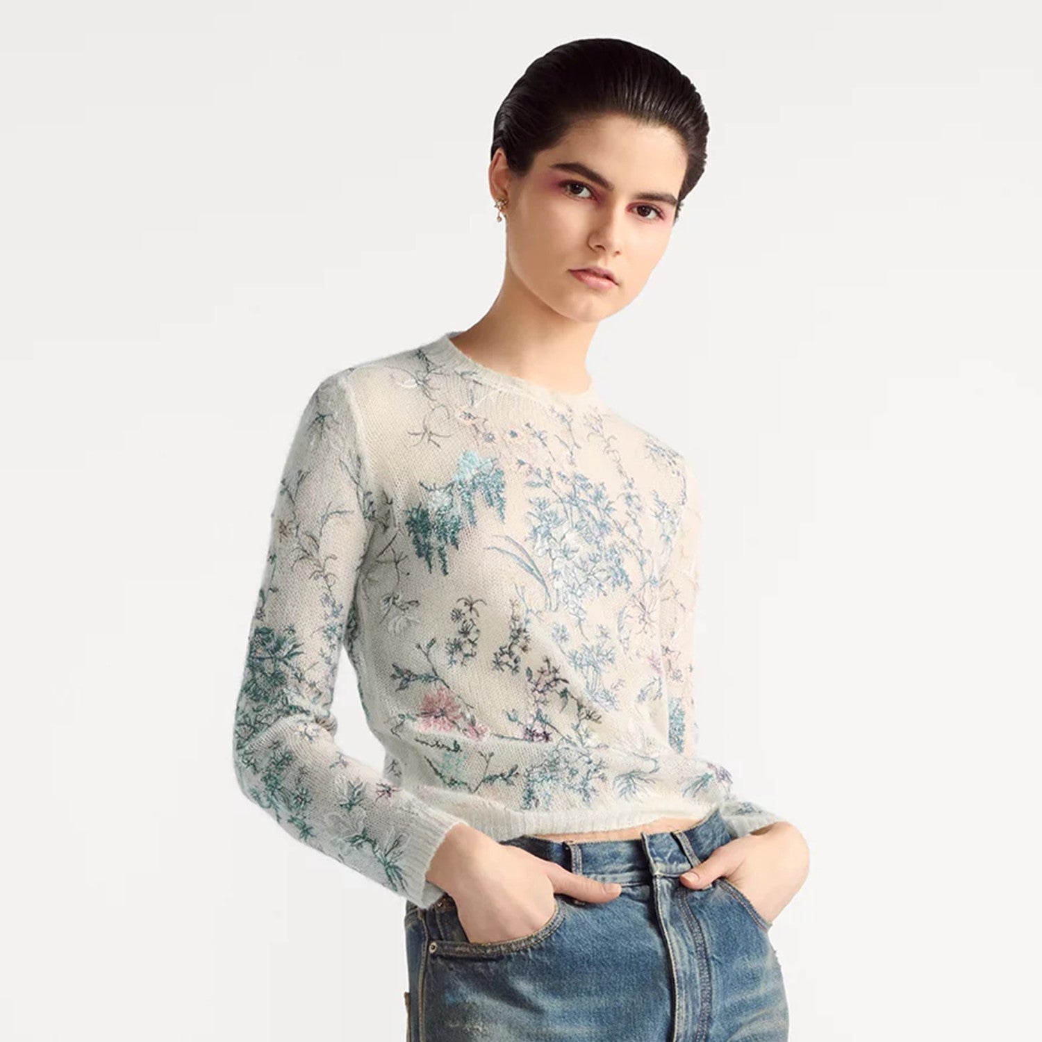 Women's Spring. Autumn And Winter Floral Embroidery Solid Color Mohair Long Sleeve Round Neck Pullover Knitted Sweater Ngvp #1539
