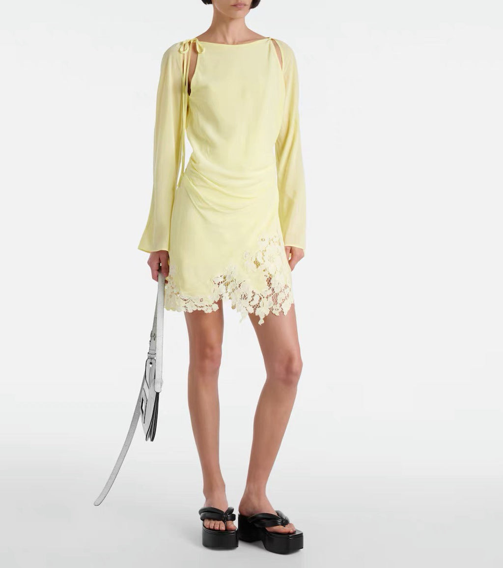 Women's Summer Yellow Lace Side Shoulder Hollow Tie Long Sleeve Fitted Dresses Ngvp #8747
