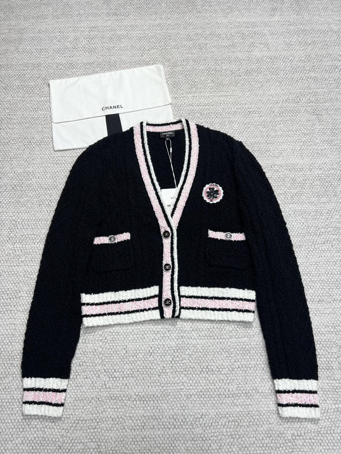 Women's Spring And Autumn Winter Badge Clover Stripe Single breasted V-neck Long sleeved Knitted Shirt Coat Cardigan #71628