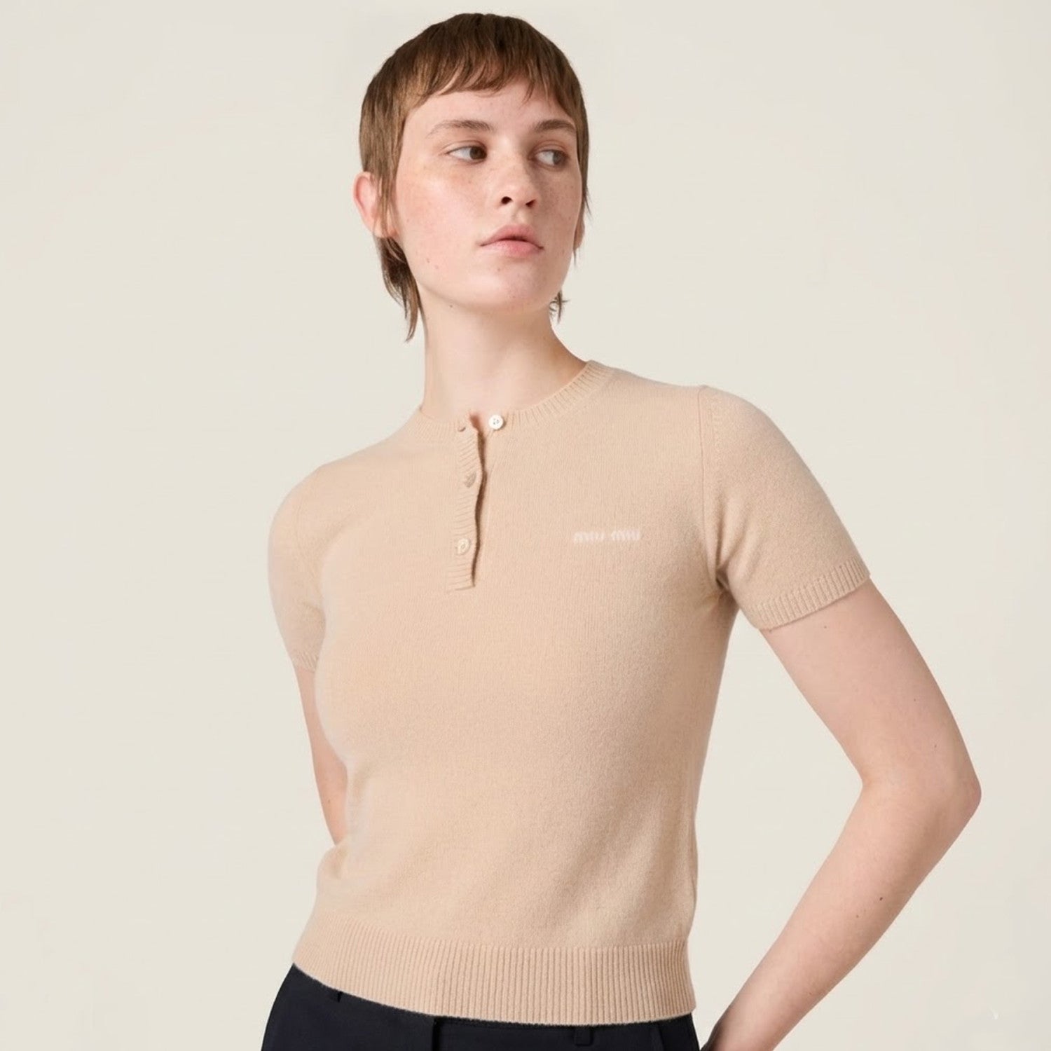 Women's Spring/Summer Crew Neck Half-Button Knit Short-Sleeve T-Shirt Fashionable. Trendy. Refined Casual T-Shirt #194157