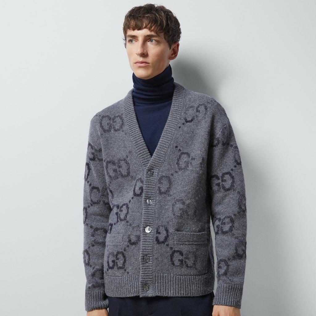 Men's Spring and Autumn Grey Pattern Appliqu¨¦d Single Breasted V-neck long Sleeved Knit Wool Cardigan With GG Intarsia #97794