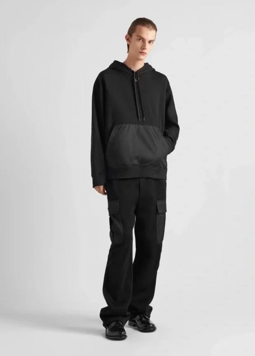 Men's Spring and Fall Triangle Metal Label Black Cotton Hooded Drawstring Loose Sweatshirt Pullover #72668