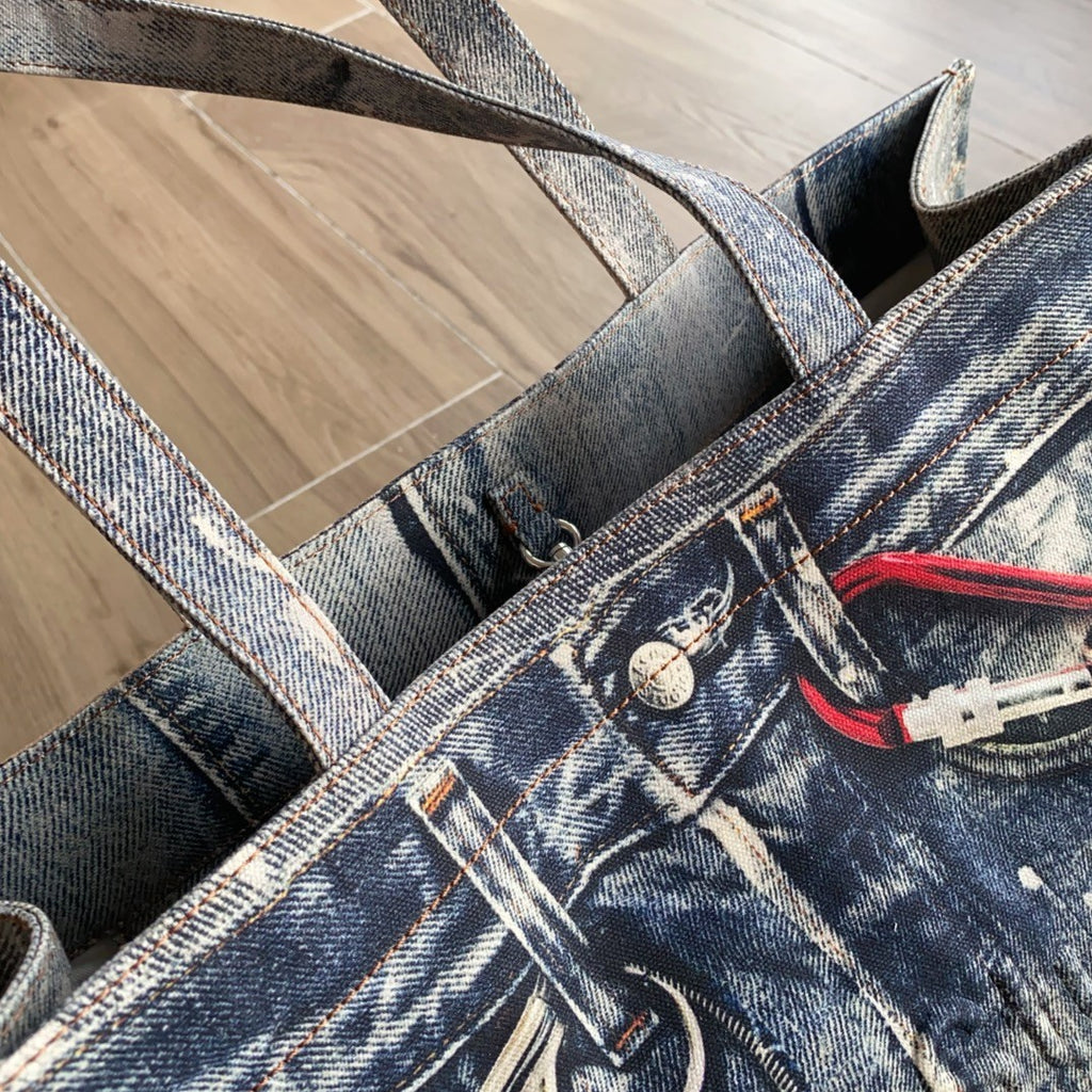 Acne Studios Women's Fashion Retro Color-Block Logo Denim Patchwork Print Tote Bag Shoulder Bag Bags #78793