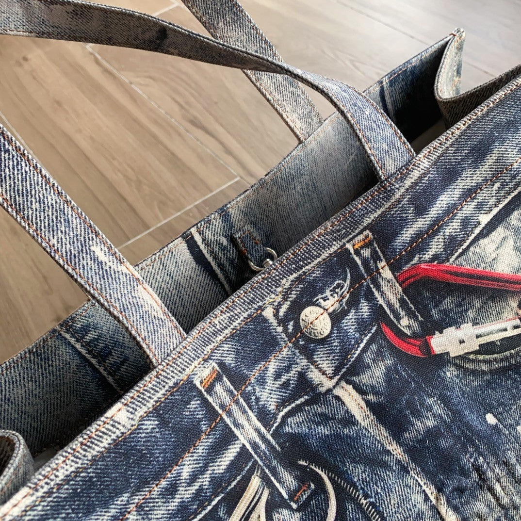 Acne Studios Women's Fashion Retro Color-Block Logo Denim Patchwork Print Tote Bag Shoulder Bag Bags #78793