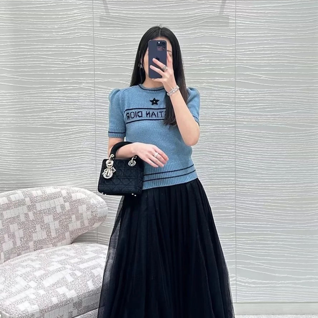 Women's Wool Blend Knit Short Sleeve Top Round Neck Fashion Temperament Short T-Shirt Knitwear #81137