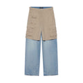 Men's Blue Spring & Fall Multi-Pocket Workwear Patchwork Fake Two Piece Straight Leg Denim Pants Ngvp #7786