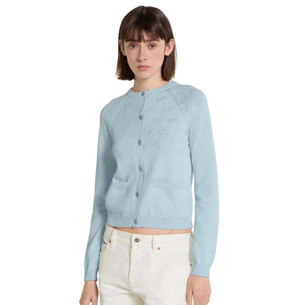 Women's Spring/Autumn Solid Color Letter Print Openwork Design Cotton Knitted Jacquard Single-Breasted Long-Sleeved Cardigan Jacket #77912