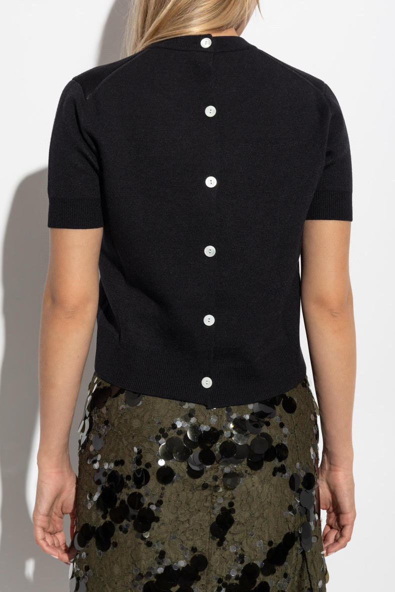 Women's Summer Solid Color Appliqued Knit Sweater Back Single Breasted Design Short Sleeve T-Shirt #75551