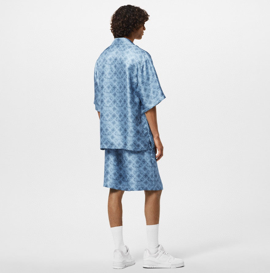 Men's Summer Blue Logo Print Full Print Lapel Single Breasted Casual Short Sleeve Shirt Elastic Waist Shorts #98438