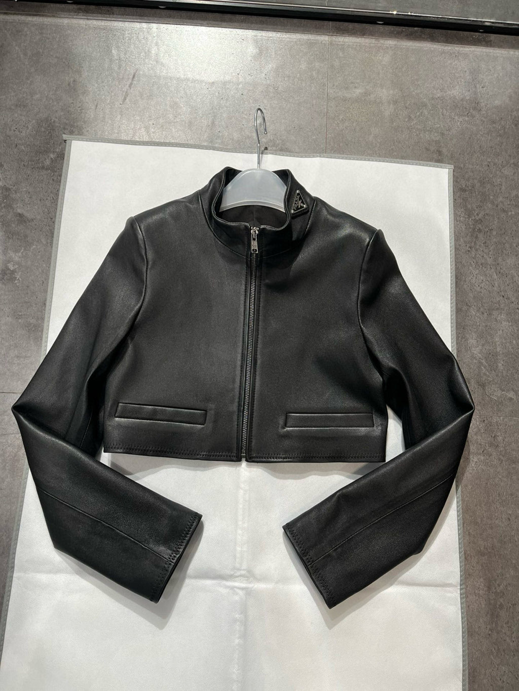 Women's Spring and Summer Black Triangle Label Logo Zipper Leather Jacket Vest Half-body Skirt Three Piece Set Suit #98553