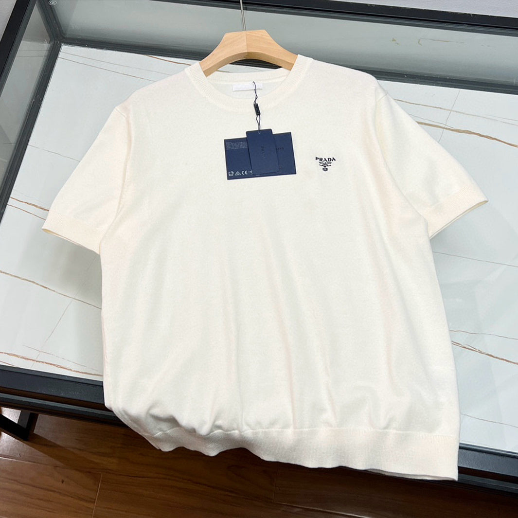 Men's Spring/Summer Solid Color Logo Embroidery Superfine Wool Crew Neck Short Sleeve Sweater #98319