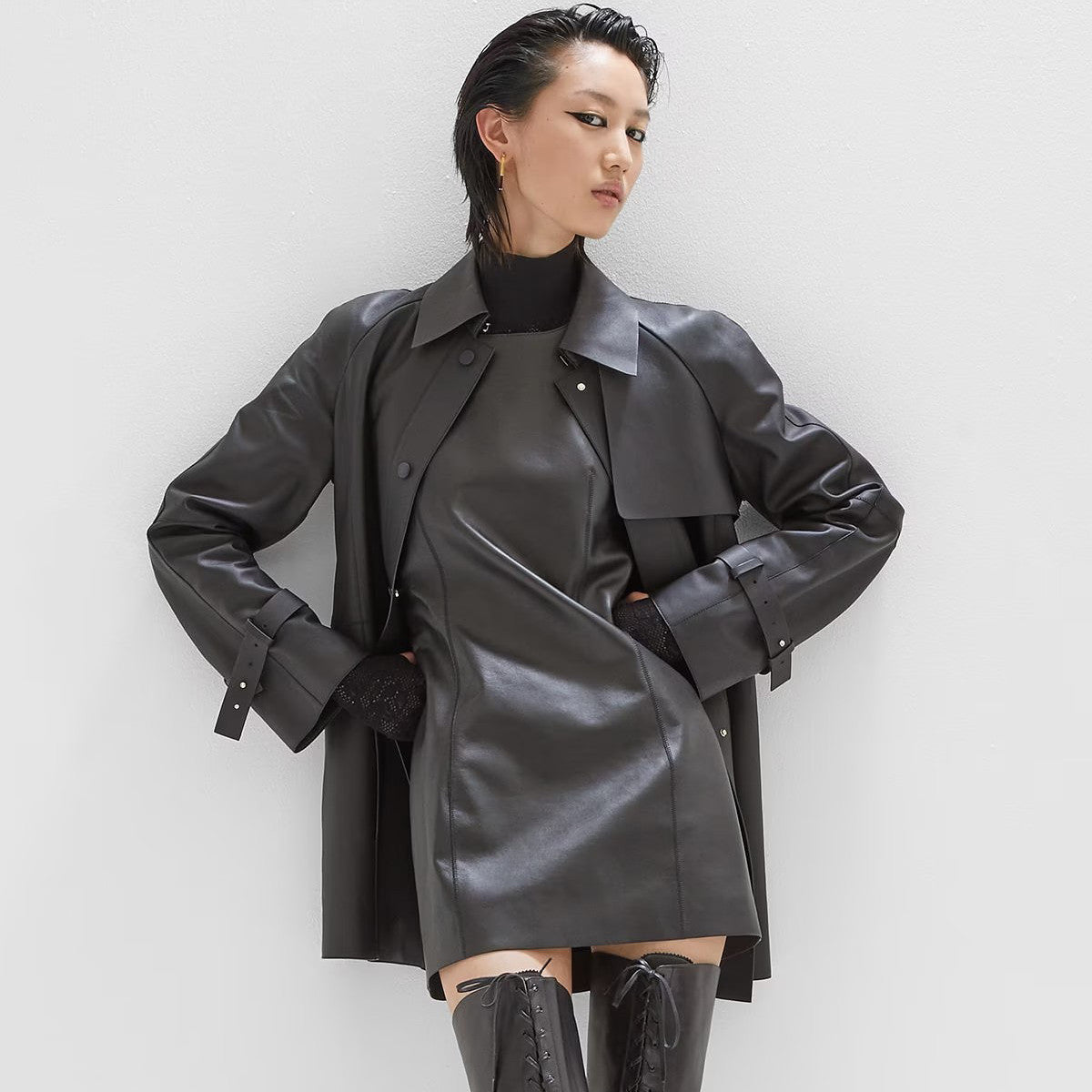 Women's Spring and Autumn Black Tie Belt Waist Single Breasted Slim Long Sleeve Sheepskin Jacket #98466