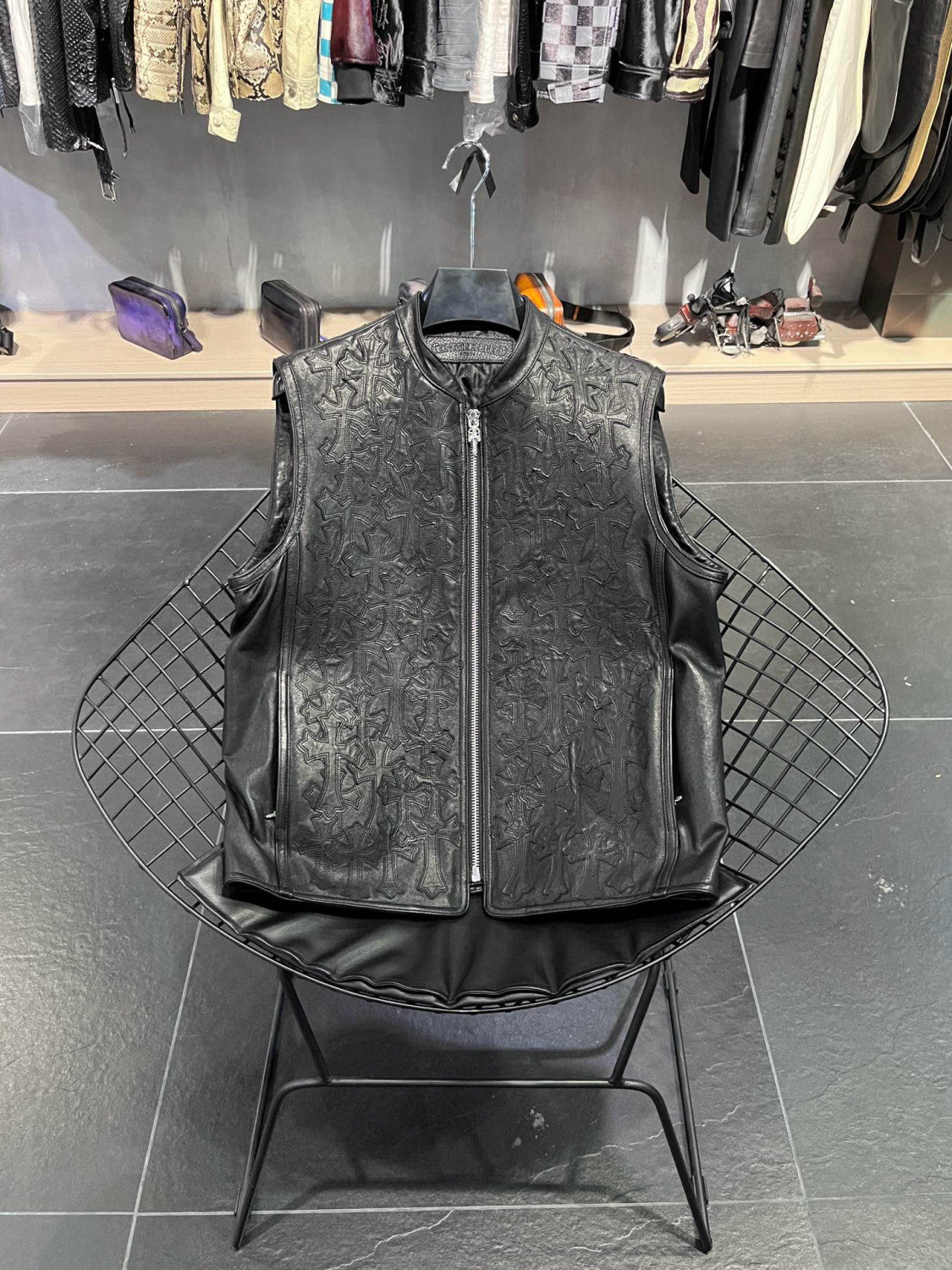 Men's Spring/Summer Dark Logo Leather Zipper Sleeveless Waistcoat Vest Jacket #98936