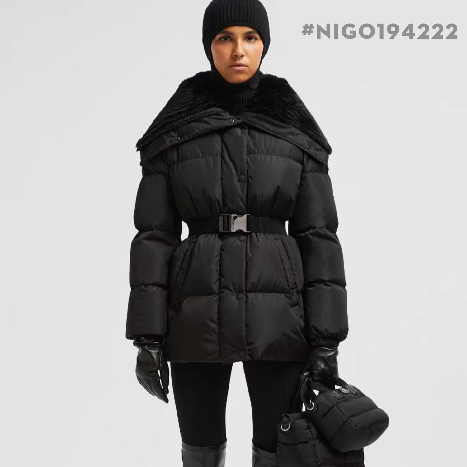 Women's Waist-cinching Hooded Nylon White Goose Down Down Jacket Warm Coat #194222