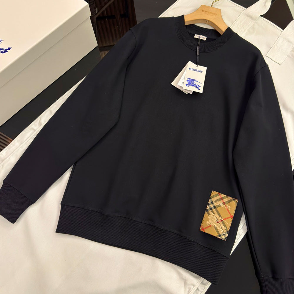 Men's Pure Cotton Terry Checked Panel Logo Sweatshirt Crew Neck Top #82544A