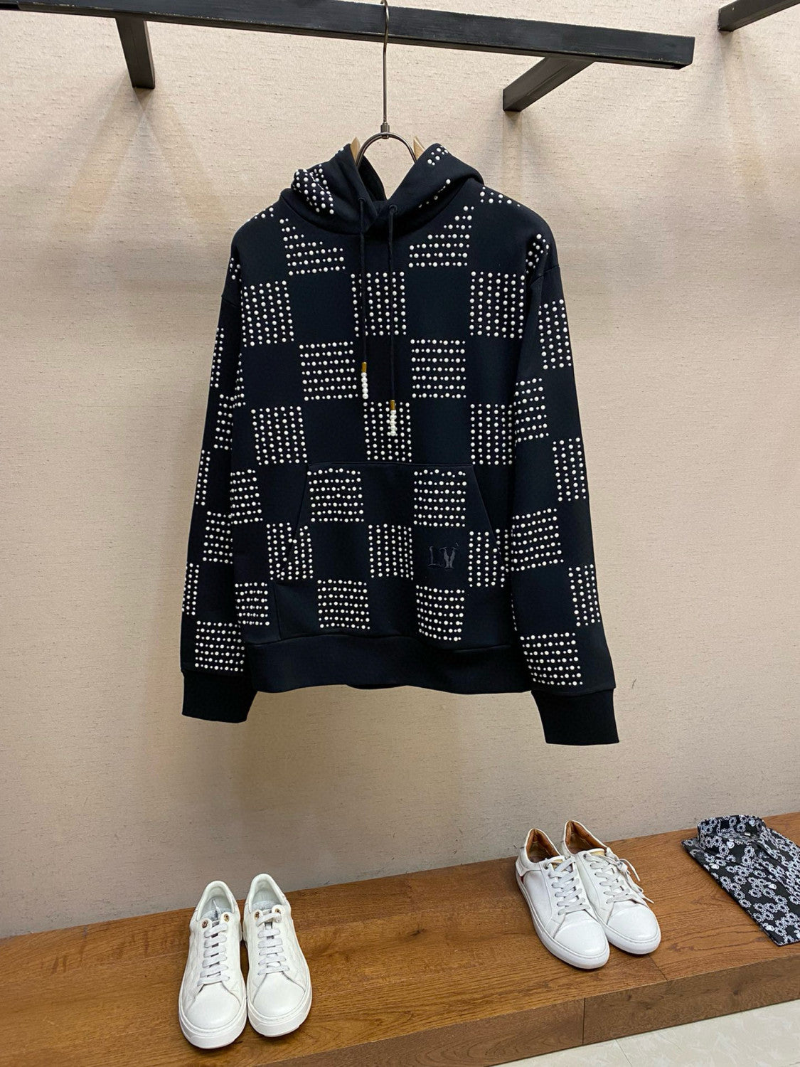 Men's Autumn/Winter Full Width Pearl Checkerboard Fleece Hooded Sweatshirt Pullover #97833