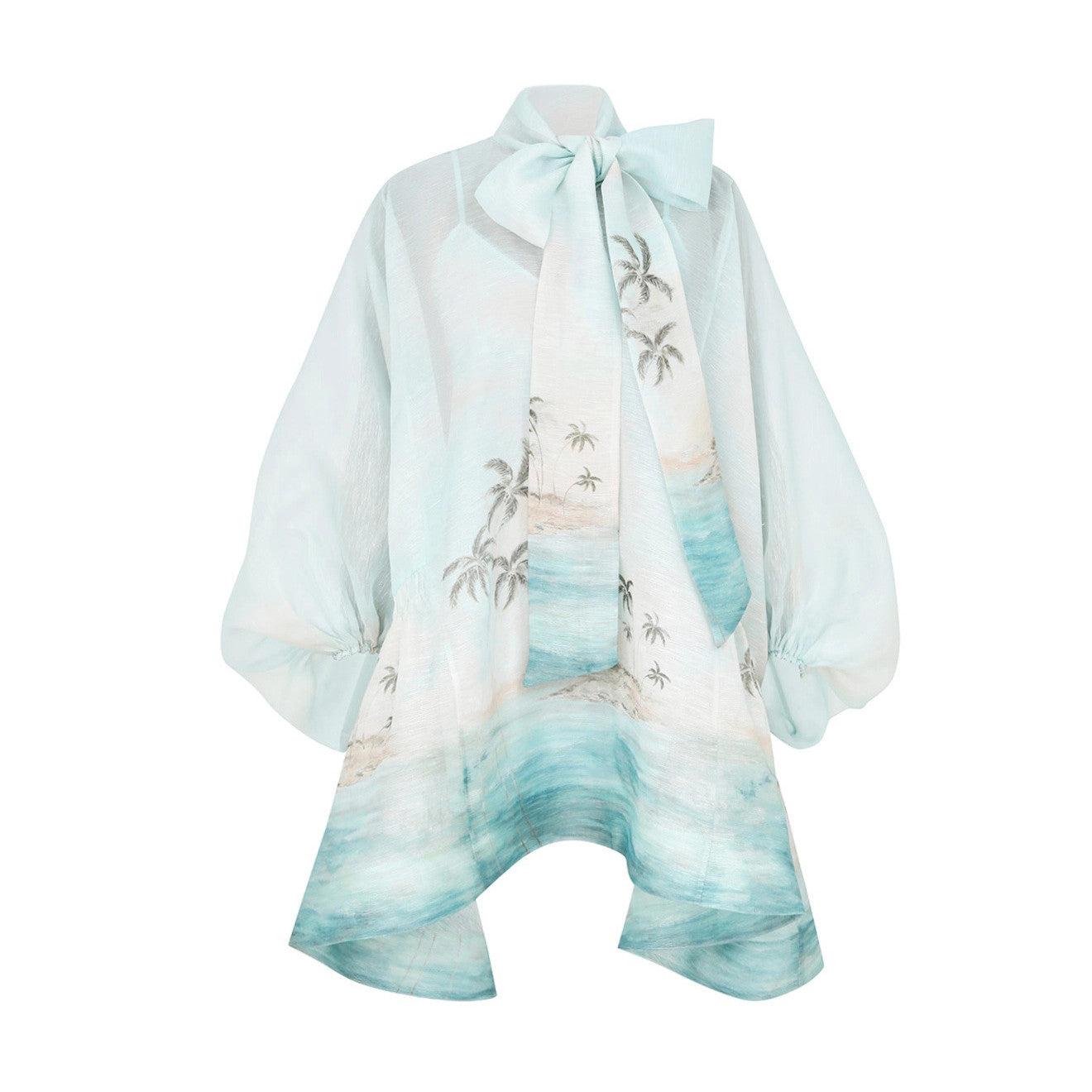 Women's Summer Blue Beach Pattern Printed Flutter Design Long Sleeve Dress #75612