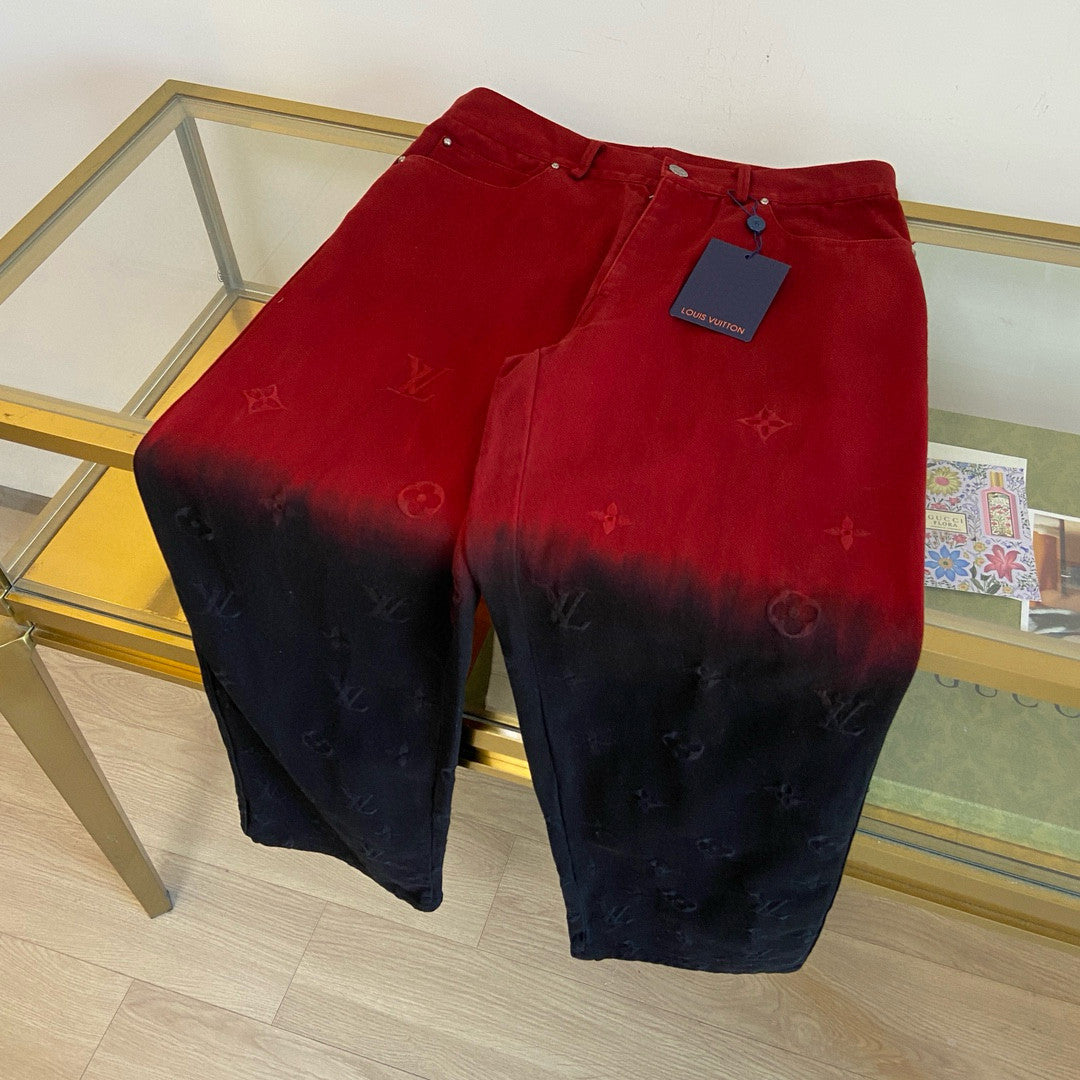 Men's Fall/Winter Black and Red Gradient Embroidered Logo Patterns Straight Leg Jeans Pants #98169