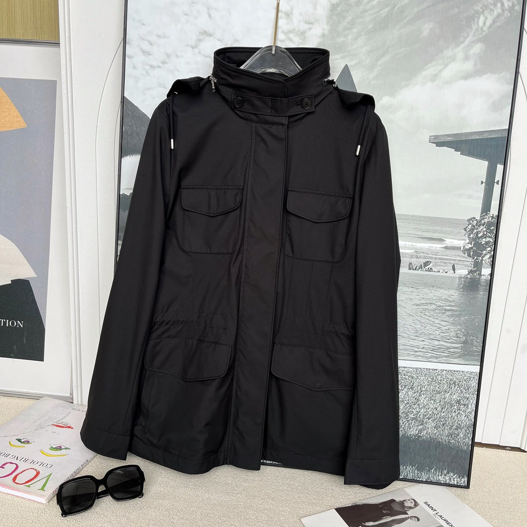 Women's Spring And Autumn Solid Color Windbreaker Jacket Hooded Pockets Stand-up Collar Jacket Fashion Casual Jacket Ngvp #8894