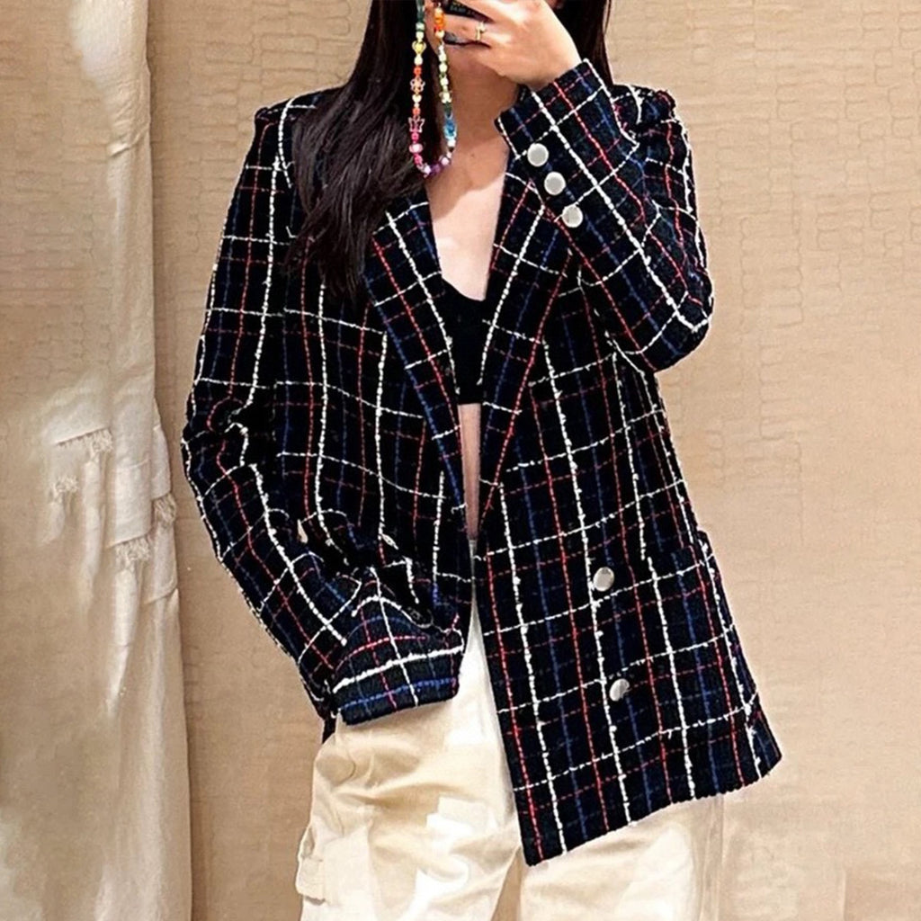 Women's Spring And Autumn Plaid Cotton Tweed Lapel Casual Fashion Long Sleeve Slim Tweed Jacket Ngvp #9127