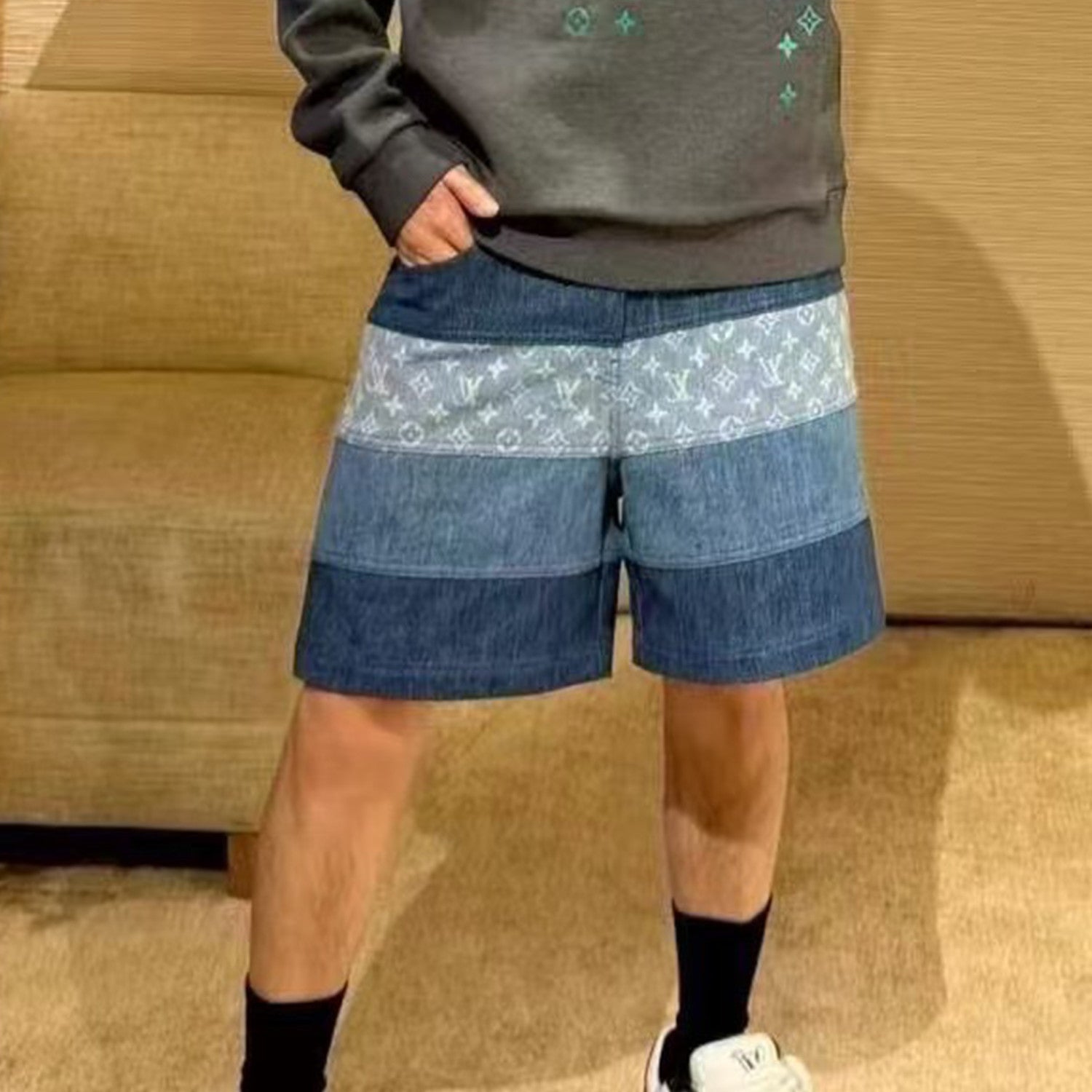 Men's Spring And Summer Fashion Retro Print Casual Pants Striped Stitching Denim Shorts #72324