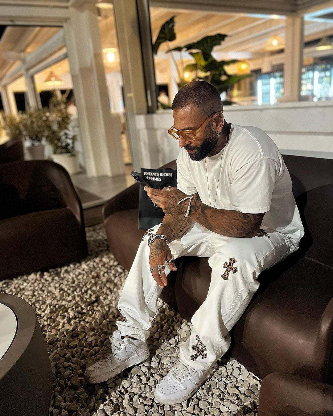 Men's Four Seasons High Street Leopard Cross Embroidered Old White Casual Straight Leg Trousers #98635