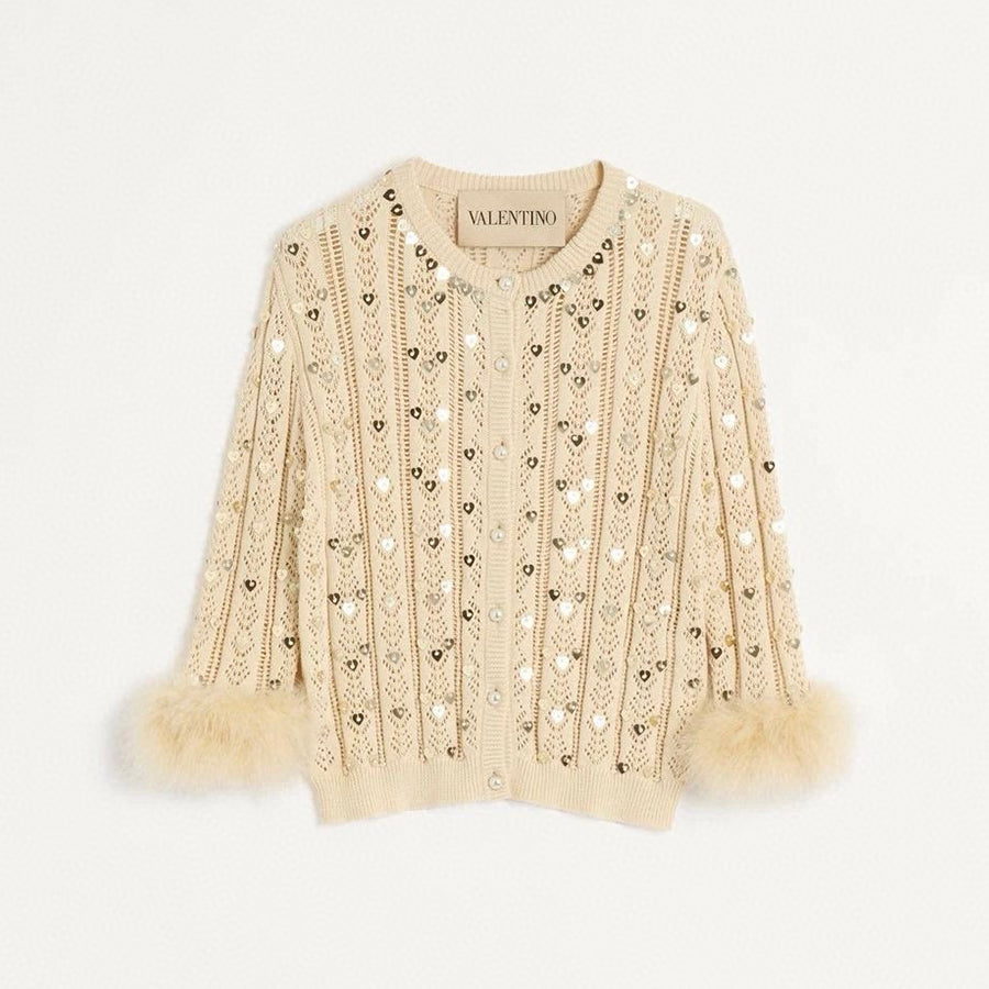 Women's Fall/Winter Beaded Solid-Color Embroidered Feather-Sleeve Crew Neck Single-bleated Button Knit Cardigan Ngvp #2381