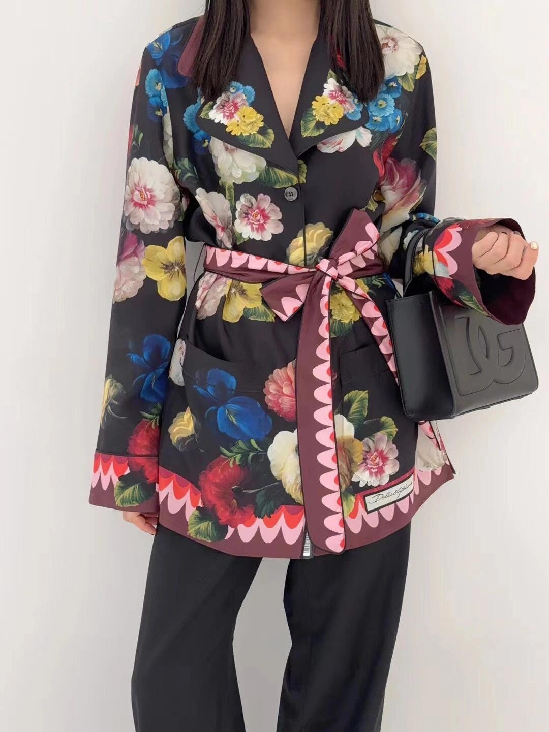 Women's Spring And Fall Nocturnal Flower Printed Silk Lapel Tie Single-Breasted Twill Pajamas Long-Sleeved Shirt Ngvp #9164