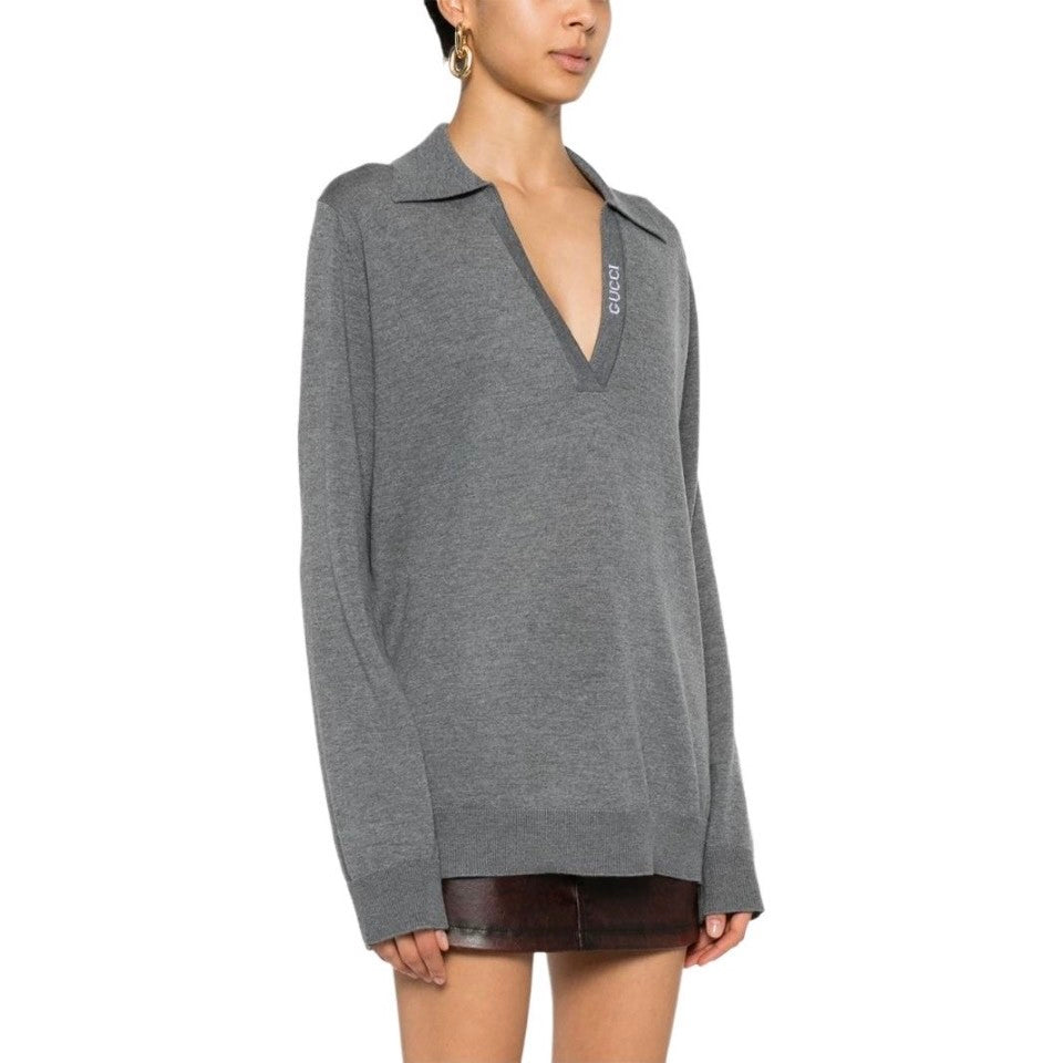 Women's Spring and Autumn Gray Letter V-Neck Loose Wool Long Sleeve Sweater #72845
