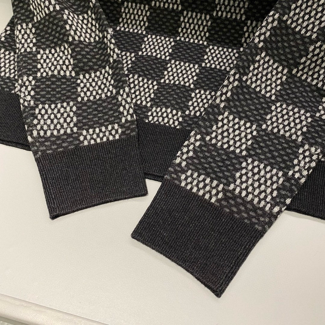 Men's Spring and Autumn Black Checkerboard Print Logo Pattern Round Neck Long Sleeve Sweater #73594