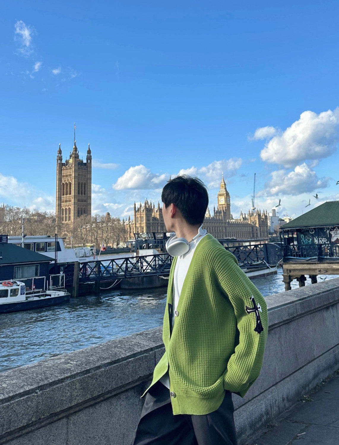 Men's Fall/Winter Avocado Green Waffle-Knit Silver-Button Cardigan Jacket #82265A