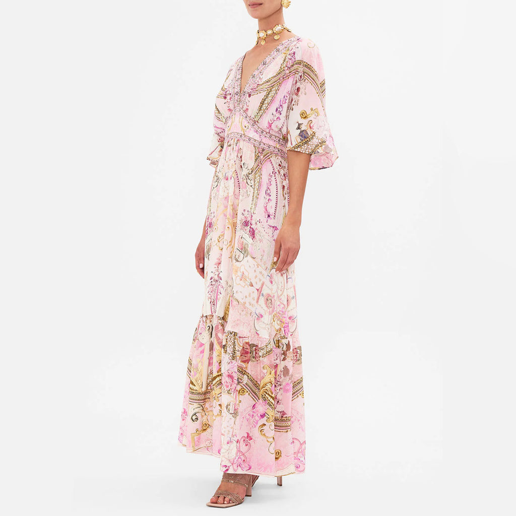 Camilla Women's Summer Fashion Pink Flower Silk Print Bohemian Diamond Slim V-neck Long Sleeve Dresses Ngvp #8783