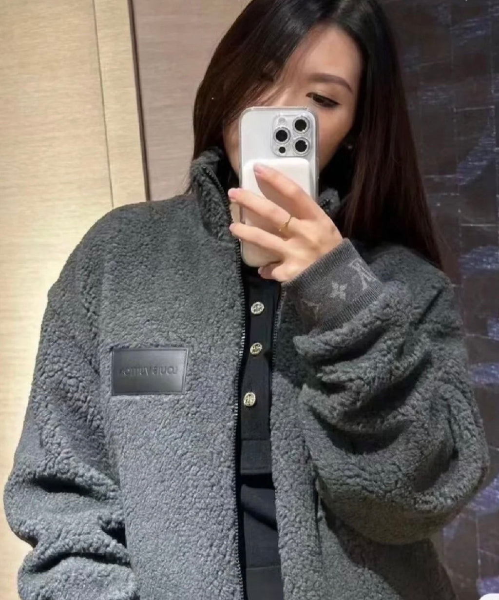 Men's Spring & Autumn Solid Color Logo Jacquard Suede Drawstring Zipper Long Sleeve Jacket #71471