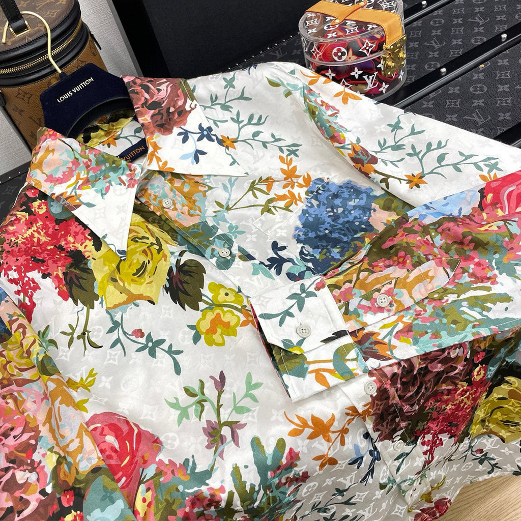 Men's Summer White Floral Print Single Breasted Silk Long Sleeve Shirt #97791