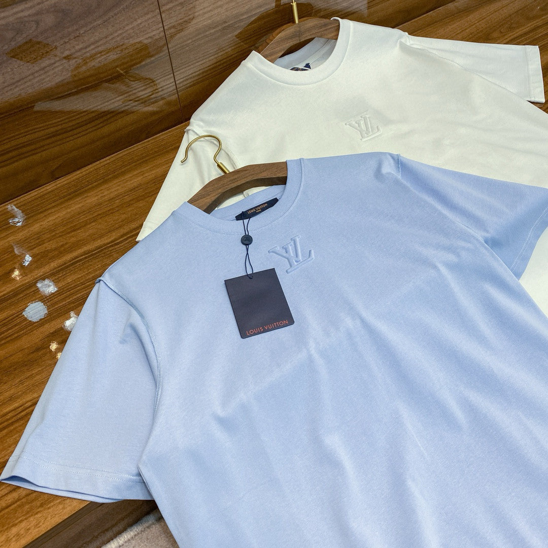 Men's And Women's Blue Embossed Logo Loose Round Neck Short Sleeve T-shirt #98495