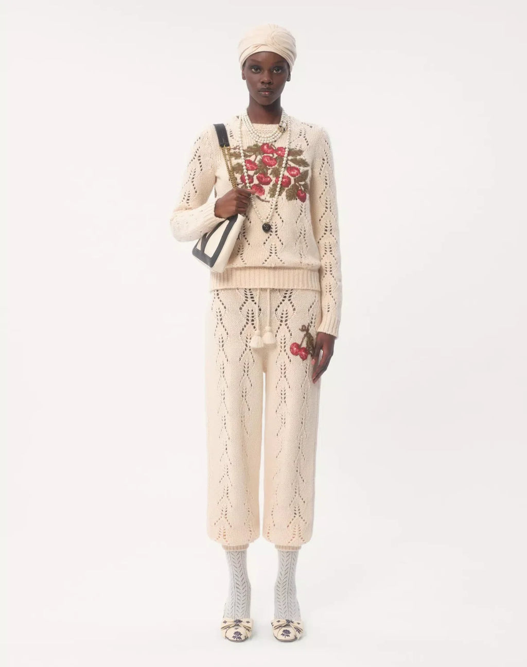 Women's Spring. Autumn And Winter Cherry Embroidery Round Neck Solid Color Fitted Long Sleeve Hollow Knit Wool Sweater Ngvp #9725