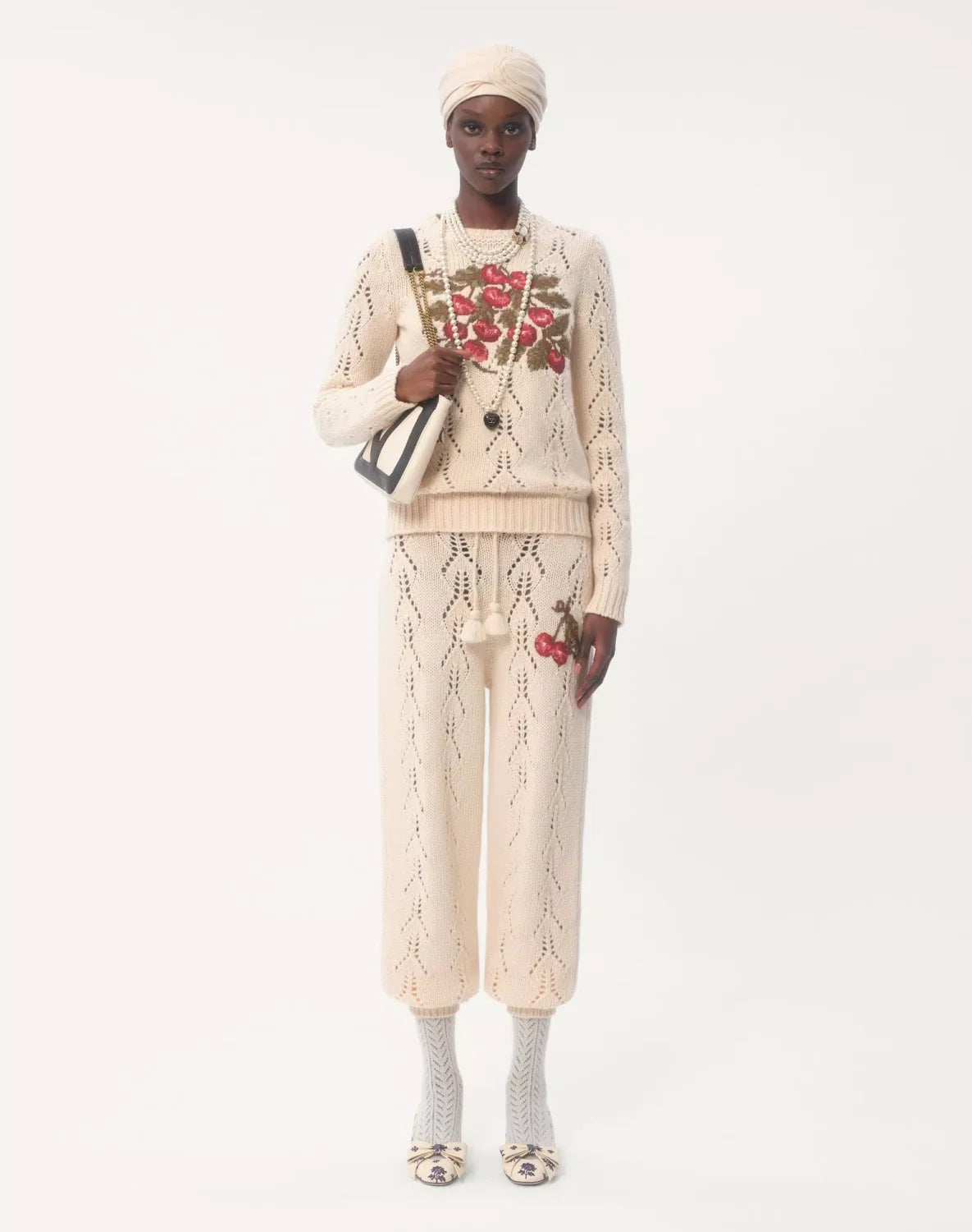 Women's Spring. Autumn And Winter Cherry Embroidery Round Neck Solid Color Fitted Long Sleeve Hollow Knit Wool Sweater Ngvp #9725