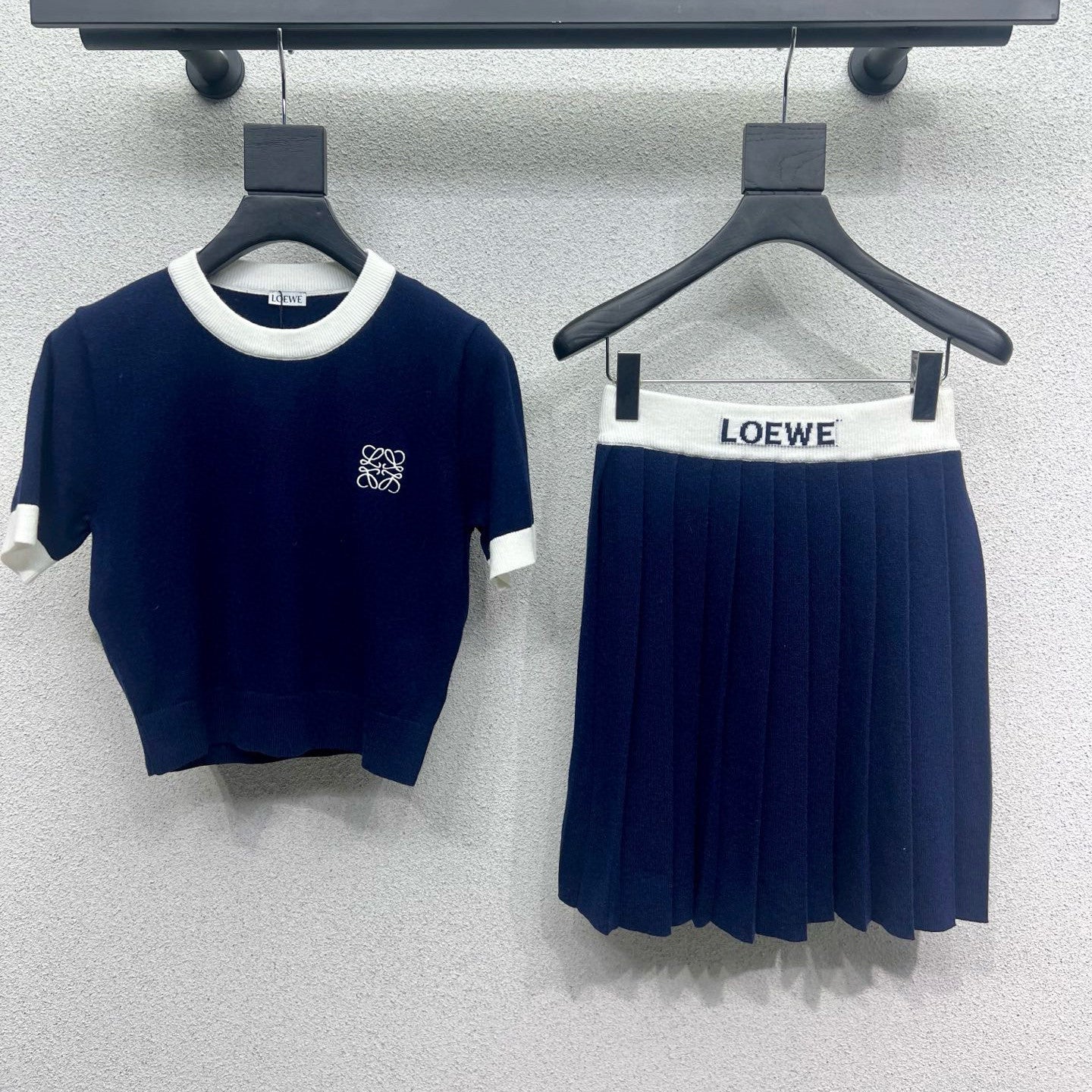 Women's Summer Clashing Color Round Neck Wool Knit Short Sleeve T-Shirt Top Half Body Skirt Set Suit #75919