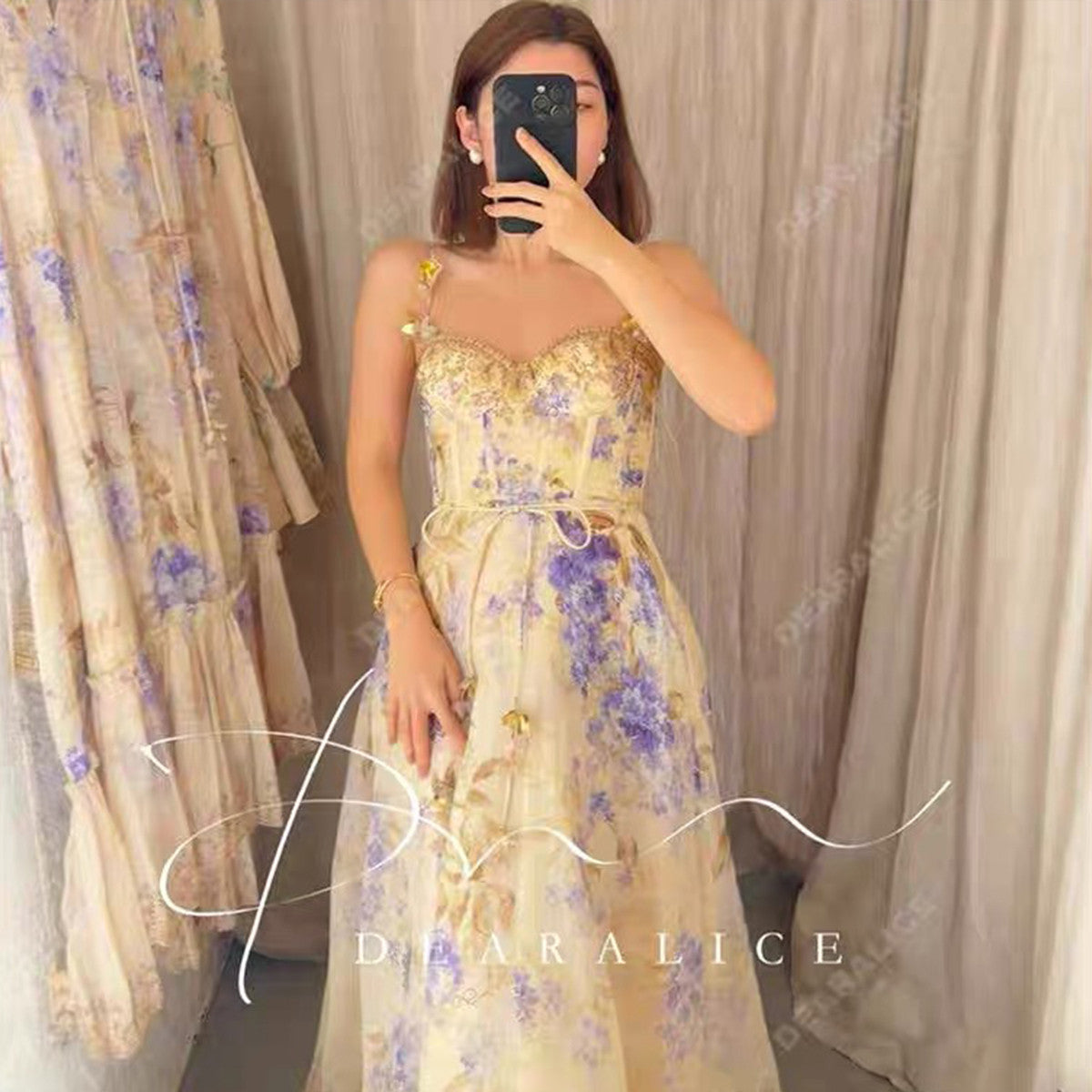 Dawning Picnic Dress Women's Spring And Summer Silk Linen Mid-length Dress Heart-shaped Neckline Spaghetti Straps Large Hem Dress Fashionable Temperament Elegant Luxury Dresses #81131