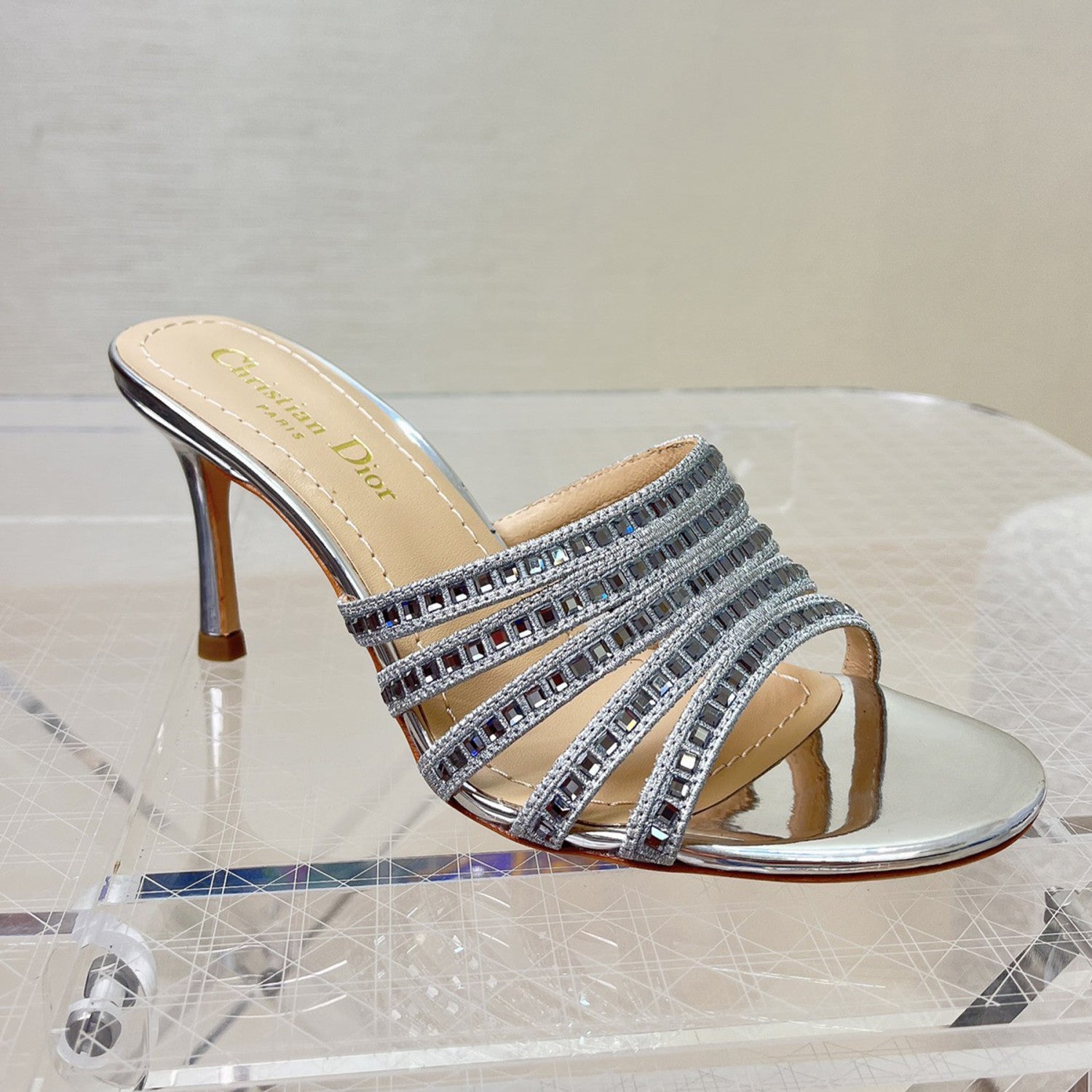 CD Gem High Heel Fashion Sandals Slippers Women's Spring And Summer Black Silver Gold 8cm Leather Shoes Heel Fashion Temperament Sexy High Heel Shoes #81416