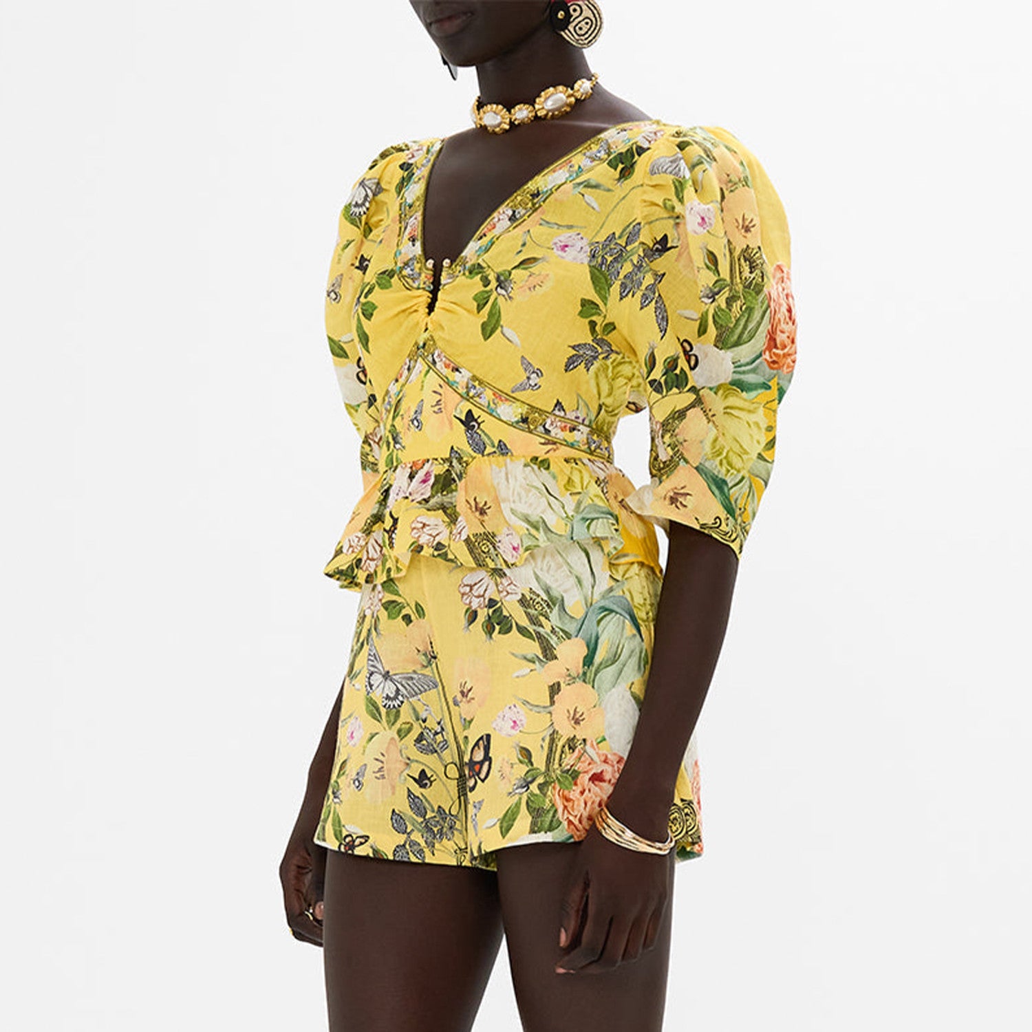 Camilla Women's Summer Printed V-neck Rhinestone Decoration Linen T-Shirt Top Loose Long Sleeve Casual Shorts Suit Set Ngvp #8875