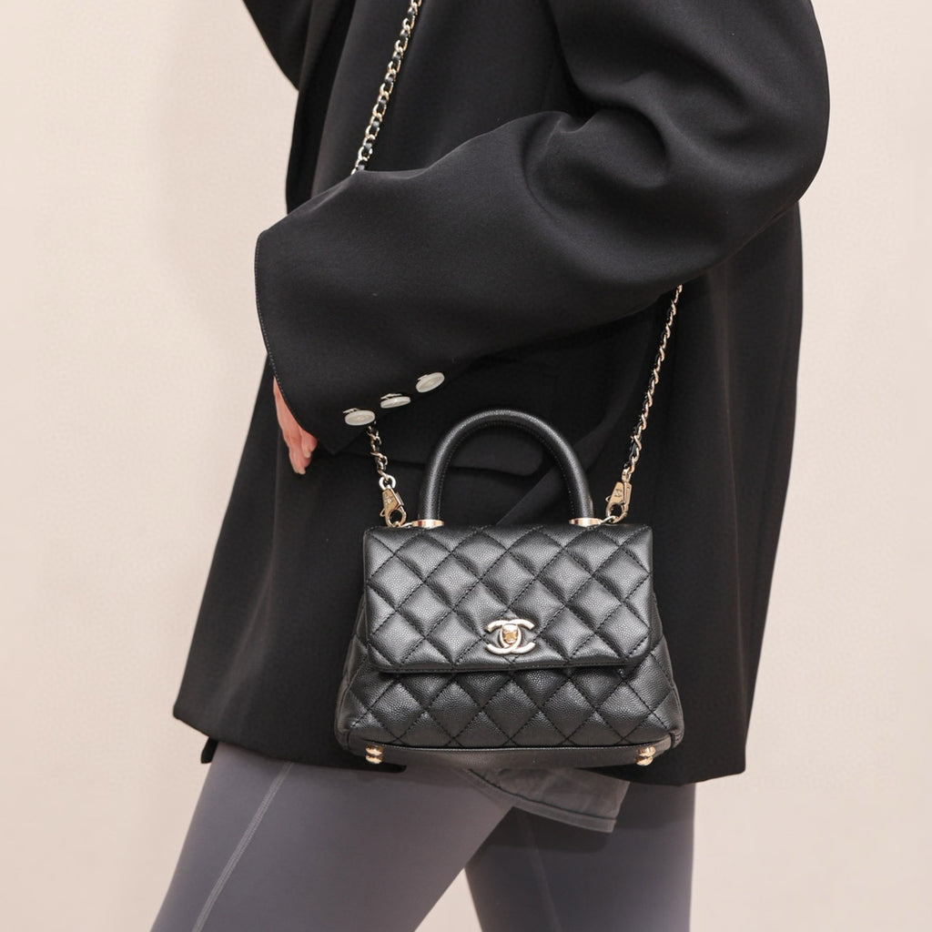 COCO Handle 16 Classic Logo Black Gold Leather Caviar Chain Shoulder Crossbody Mini Small Medium Women's Spring Summer Black Bag Bags #81386